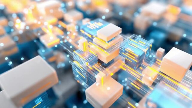 Digital Data Stream: The image features a modern abstract depiction of data transfer, showcasing interconnected cubes and dynamic light trails, symbolizing the flow of information in a digital world.