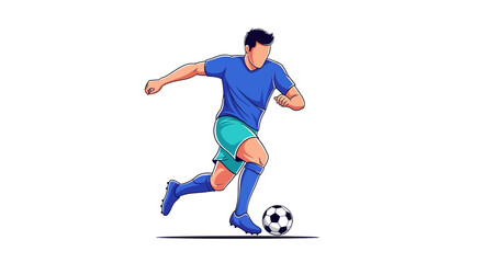 Fototapeta premium Man in blue uniform kicking soccer ball on white background