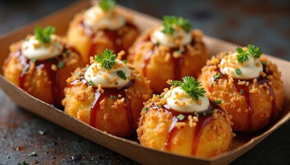 Fototapeta premium Six fried takoyaki balls arranged in brown paper tray. Ball topped with savory sauce, mayonnaise, crispy bits, parsley garnish. Japanese street food presented close-up against dark textured