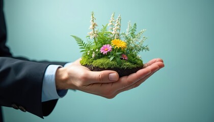 Fototapeta premium Businessman in suit holds small green island with flowers and plants in his hands. Business represents growth and care for nature and environment.