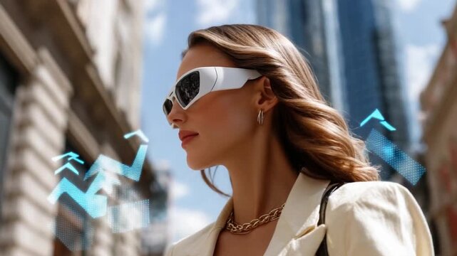 Trendsetting Glance: A fashionable woman confidently strides through a stylish urban landscape, accessorized with striking futuristic glasses, as upward arrows symbolize rising success and trend.