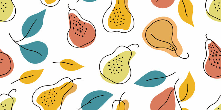 Abstract pattern of colorful pears and leaves on a white background