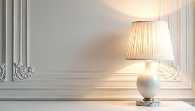 Elegant white table lamp with pleated shade sits on white table. Ornate wall paneling with floral details provides backdrop. Soft light fills room.