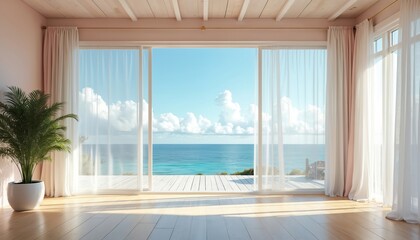 Fototapeta premium Bright room with large windows showing ocean view. White curtains frame blue sky and sea. Wooden floor reflects sunlight. Plant in pot adds touch of green to minimalist interior.