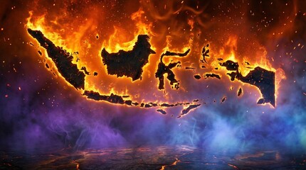 Map of Indonesia silhouette glowing intensely with fiery orange flames against a dark, cosmic background.