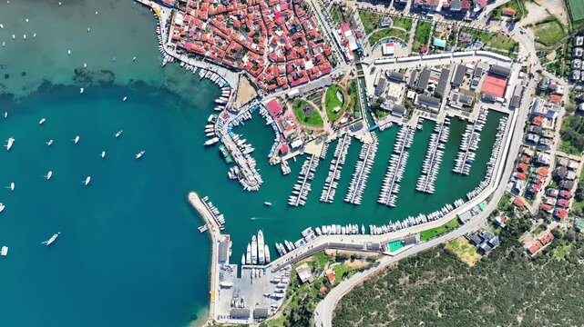 Aerial Drone View of Teos Marina and Sigacik Coastal Town in Izmir, Turkey &ndash; Aegean Sea Harbor and Scenic Village 4K