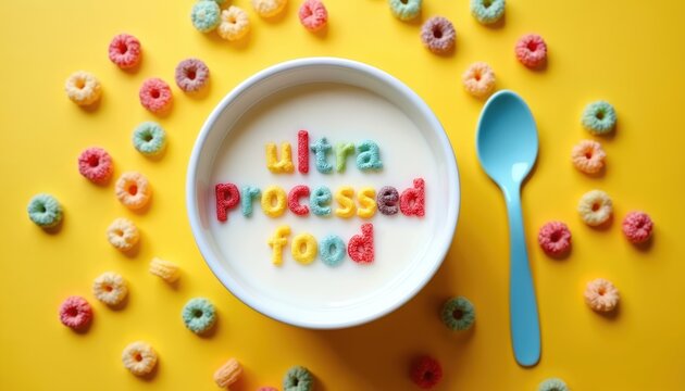 Colorful breakfast cereal in bowl spells out ultra processed food. Spoon nearby. Scattered cereal rings on yellow background. Nutrition concept.
