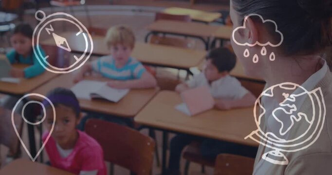 Animation of school icons over school children and teacher