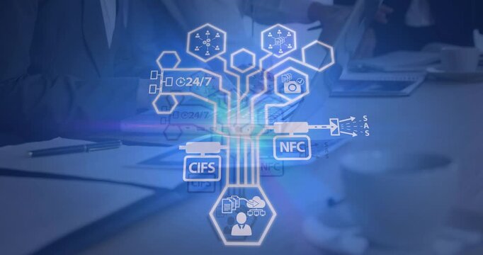 Animation of network of connections and icons over person using tablet
