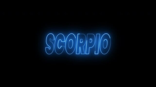 Scorpio text animation in bright blue neon against a black background. 4k animated typography Perfect for astrology videos, horoscope, zodiac themed designs, and neon sign concepts.