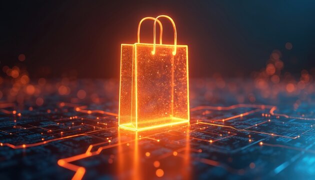 Glowing orange shopping bag on dark digital background with circuit lines. Futuristic online retail concept. Virtual marketplace. Future business. Cyber shopping.