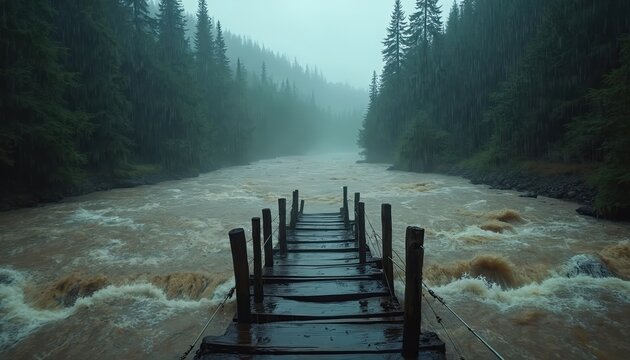 Old wooden pier over muddy river in misty forest. Rushing water, rain falls heavily. Trees line banks, dramatic atmosphere. Danger, obstacle, wilderness path.
