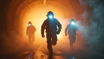 Fototapeta premium Firefighters run through smoke filled tunnel towards bright orange light. Teamwork and rescue mission in dangerous dark underground passage. Dramatic emergency response scene.