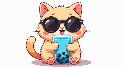 Naklejka premium Cute cartoon cat wearing sunglasses enjoys bubble tea. Fluffy feline sips a refreshing blue drink with tapioca pearls from a clear cup. Adorable animal character has fun with a sweet beverage.