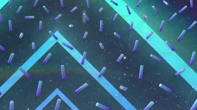 Animation of confetti falling over and gold and balls at sports stadium