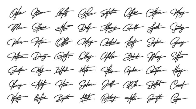 Collection of diverse artistic handwritten calligraphy signatures in black ink on a clean white background representing personal identity