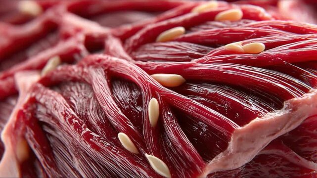 Succulent Beef and Nuts: A close-up shot captures the exquisite detail of prime beef, artfully adorned with a sprinkle of golden nuts, promising a symphony of flavors and textures.