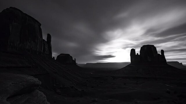 Dramatic black and white landscape of Monument Valley at sunset with the sun shining and clouds moving quickly in the sky