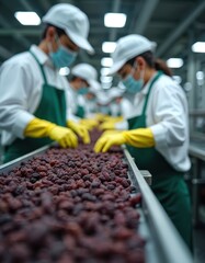 Obraz premium Factory workers in masks sort raisins on a conveyor belt. Workers wear caps aprons and yellow gloves. Food production line in a modern facility.