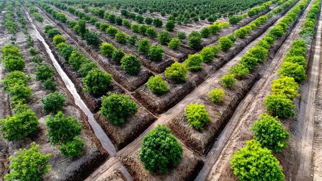 Orchard Aerial View: A captivating aerial panorama unveils a meticulously cultivated orchard, showcasing rows of thriving trees and irrigation channels.