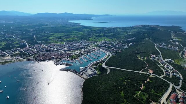 Aerial Drone View of Teos Marina and Sigacik Coastal Town in Izmir, Turkey &ndash; Aegean Sea Harbor and Scenic Village 4K