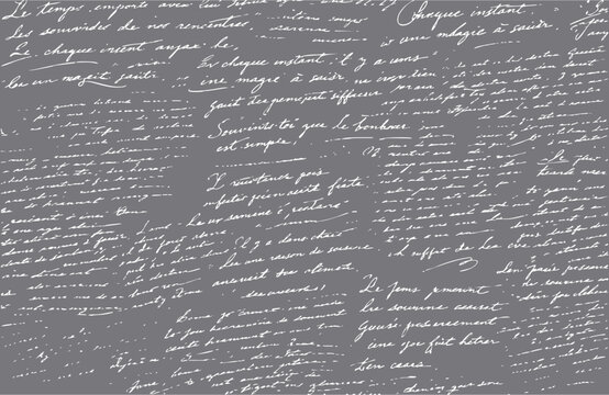 Seamless grey pattern of abstract illegible handwritten text. Vintage grunge bad calligraphy script, old book document. Vector illustration of monochrome unreadable handwriting cursive poetry