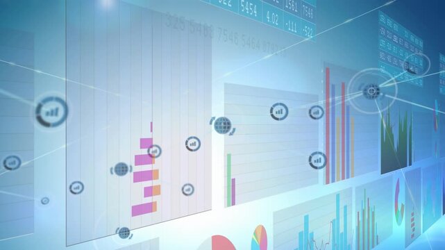 Animation of multiple graphs, numbers in table over connected dots against blue background