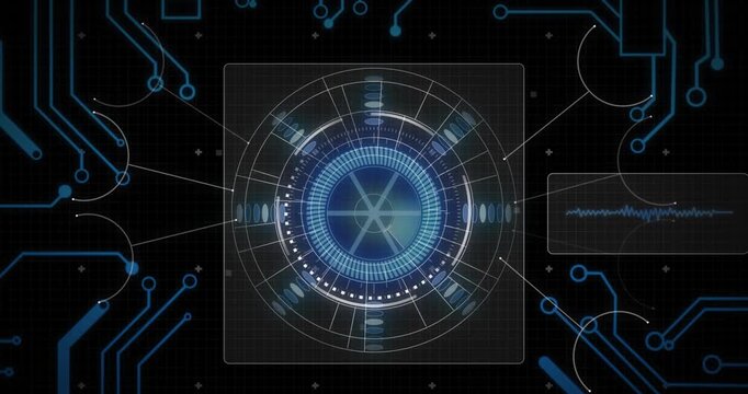 Animation of spinning round scanner and microprocessor connections against black background