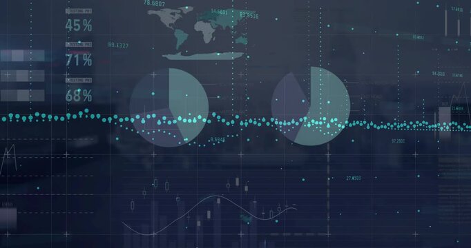 Digital animation depicts global economy trends with rising blue dot graphs.