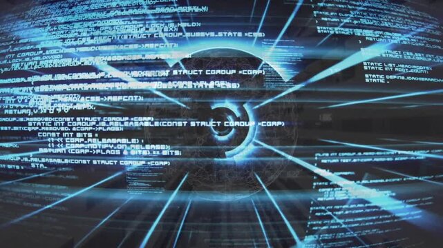 Animation of circular tunnel and looping computer language against black background