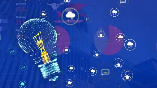 Animation of electric bulb and digital icons and statistical data processing against tall buildings