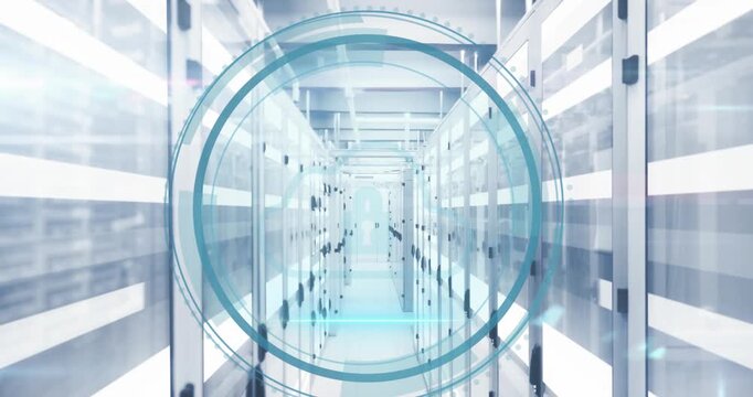 Animation of cyber security text banner and security cloud icon scanning against server room