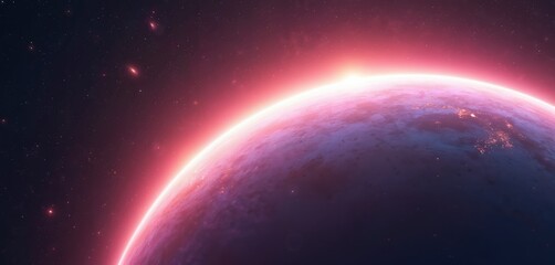 Fototapeta premium Glowing planet with city lights visible from space. Bright red atmospheric halo surrounds the world against starry dark cosmos. Distant galaxies and nebulae visible.