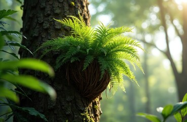 Obraz premium Bird nest fern grows on a tree trunk in a lush forest. The green leaves are lit by sunlight filtering through the trees. It shows a symbiotic relationship and natural beauty.