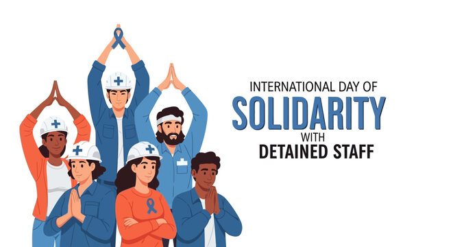 Illustration of diverse workers in solidarity with detained staff on International Day of Solidarity with Detained and Missing Staff, featuring a vector design with a mix of safety gear and