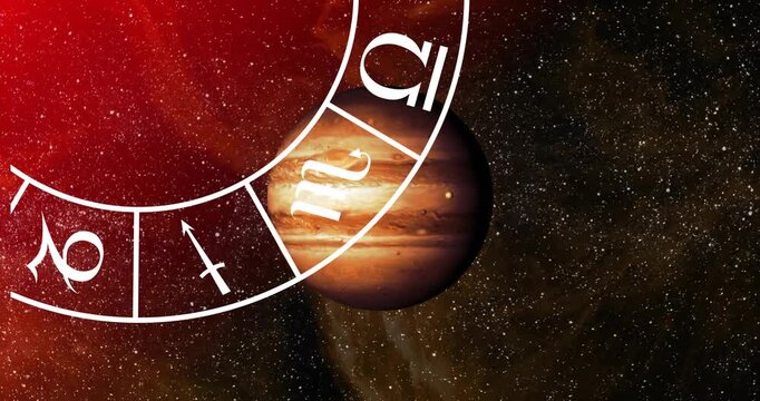 Animation of circle with zodiac symbols over globe on black background