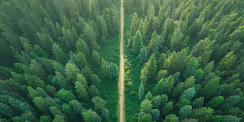 Fototapeta premium Aerial view of a forest path, revealing a serene natural landscape. The image captures the textures and patterns of the trees