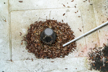 Fototapeta premium Clogged Outdoor Drainage Grate on Dirty Concrete Patio Covered in Piles of Dry Autumn Leaves and Debris, Indicating Neglected Home Maintenance and Potential Water Buildup Issues