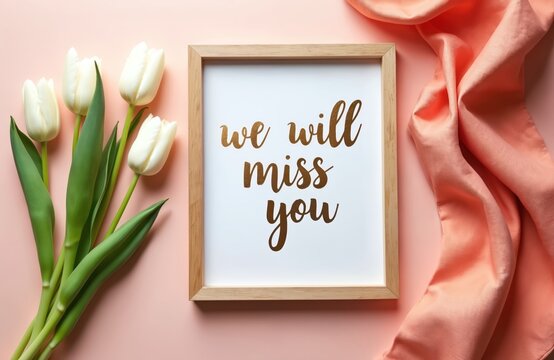 Wooden frame with golden text we will miss you sits near white tulips and peach fabric. Flat lay composition conveys farewell sentiment for leaving or retirement.