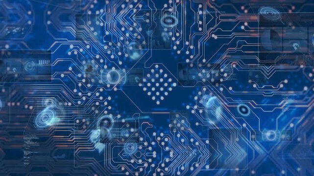 Small glows pulsing along traces starting microchip emitting HUD panes, showing data flow