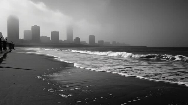 Black and white shot of a dilapidated pier on a sandy beach with city skyline partially obscured by fog