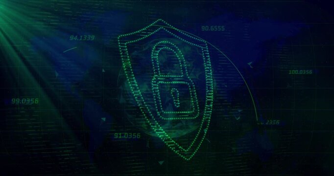 Green flare entering top-left starting digital shield forming, padlock connecting, showing security