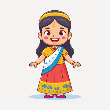 Cute Indian Girl Cartoon Character Wearing Traditional Dress.