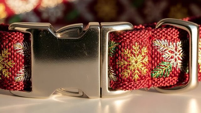 Shiny silver metal buckle on a red holiday themed dog collar with embroidered gold and silver snowflakes