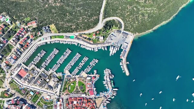 Aerial Drone View of Teos Marina and Sigacik Coastal Town in Izmir, Turkey &ndash; Aegean Sea Harbor and Scenic Village 4K