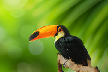 Fototapeta premium Tropical Toucan with Vibrant Orange Beak on a Blurred Green Background