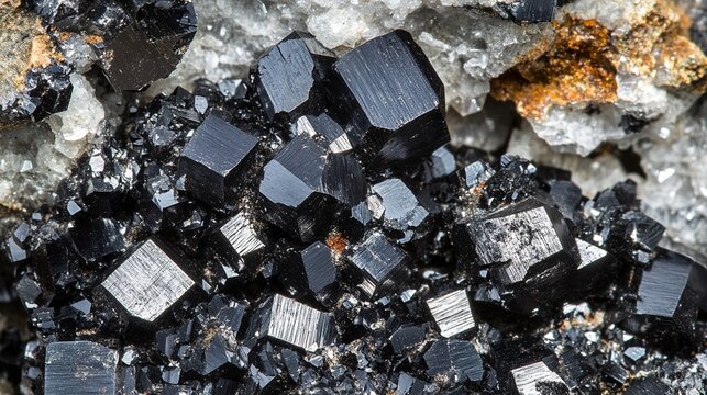 zinc. Black zinc ore crystals sparkling in a rocky crevice with natural sunlight. STEM education sheets, lab safety posters, designed for STEM education and laboratory safety posters.