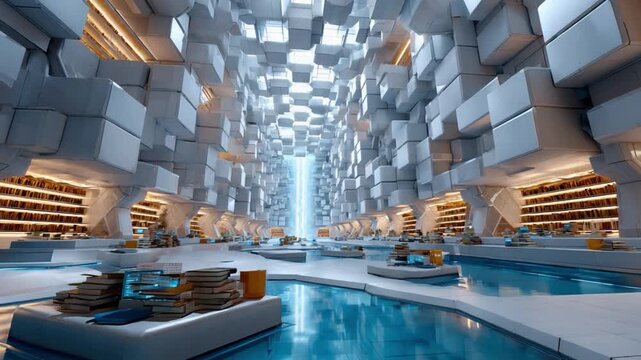 Architectural Oasis: A modern, open-plan space boasts a striking interplay of architectural elements, featuring a water feature that adds an element of tranquility.