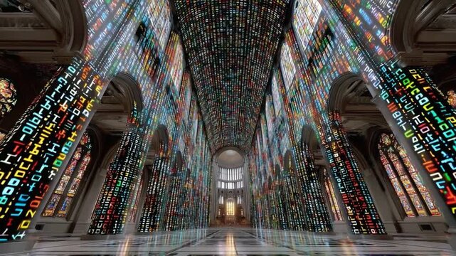 Stained Glass Architectural Panorama: An immersive view of an cathedral showcasing the beauty of stained glass windows, evoking a sense of history, artistry, and spiritual significance. 