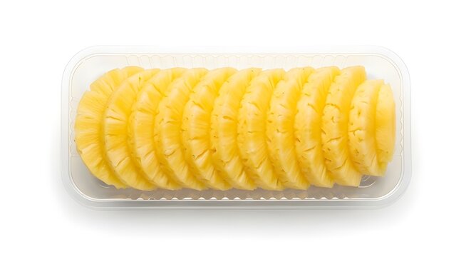 Rebanadas redondas de pi&ntilde;a dentro de una caja transparente aislada sobre fondo blanco.
 Vista de arriba hacia abajo en un recipiente de pl&aacute;stico con jugosos trozos de fruta sin pelar.